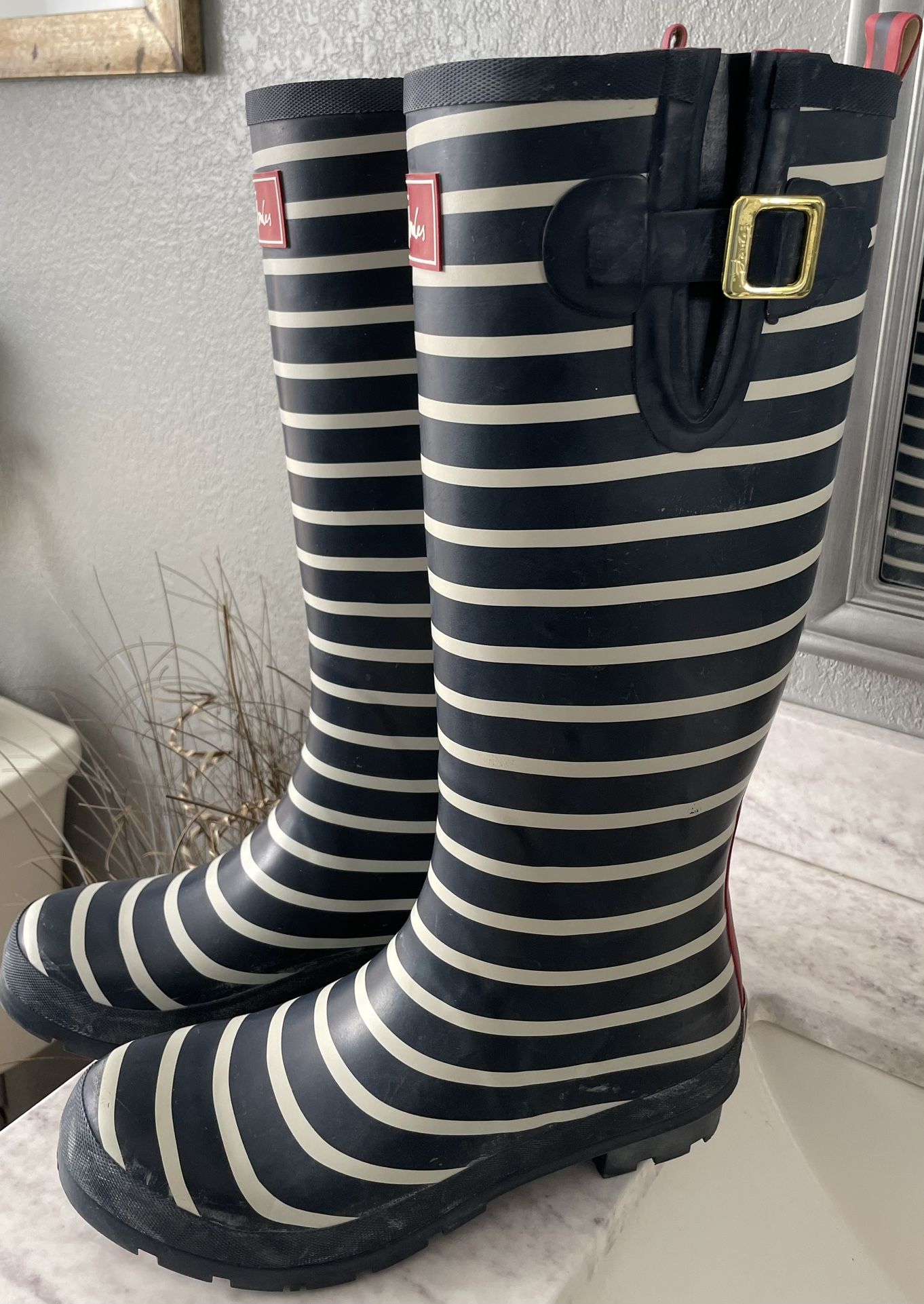 Joules Striped Navy And White Rain Boots