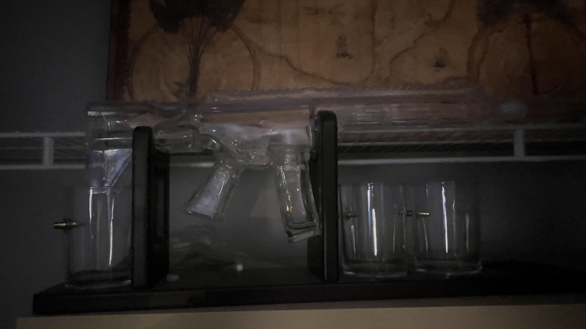 Glass Rifle Container For Alcohol. (comes With Decorative Glasses With Bullets Inside)