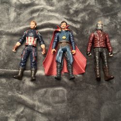 Captain America, Doctor Strange, and star Lord action figures