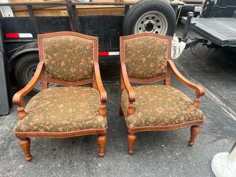 Pair of Carved Wood Floral Upholstered Armchairs