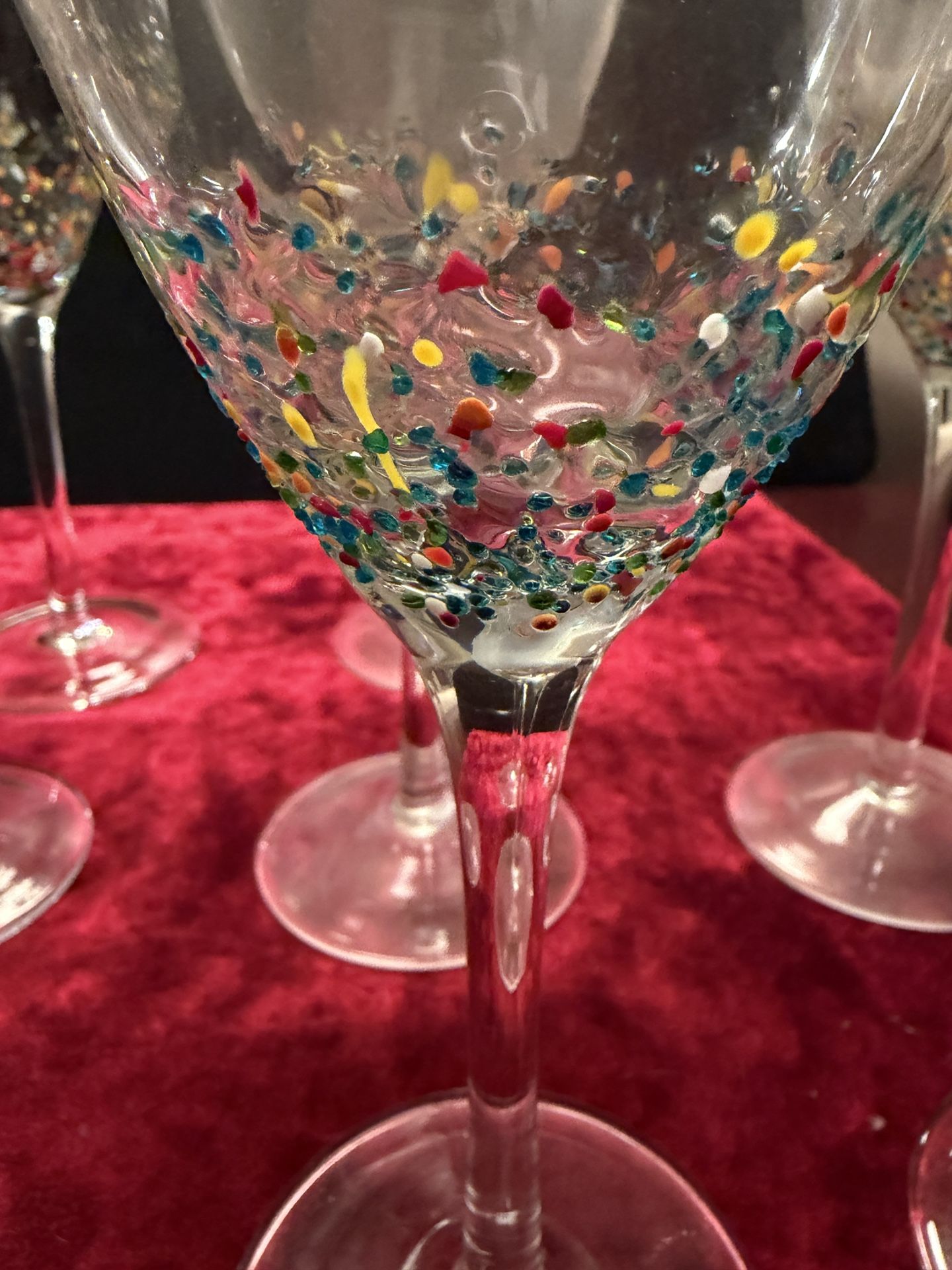 Set Of 11 Handblown Multi Colored Speckled Wine Glasses