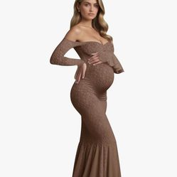 Brand New Lace Maternity Gown – Off Shoulder Mermaid Dress (Brown, S-M)