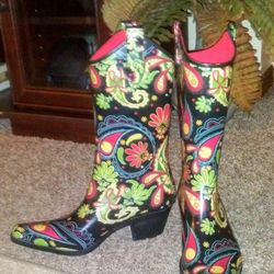Corkys Rubber Paisley Floral Western Rain Boots Womens Size 6