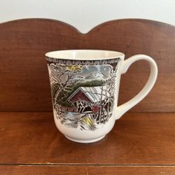 Vintage Johnson Brothers Friendly Village Covered Bridge Coffee Mug 4” t x 5” w x 3.5” d