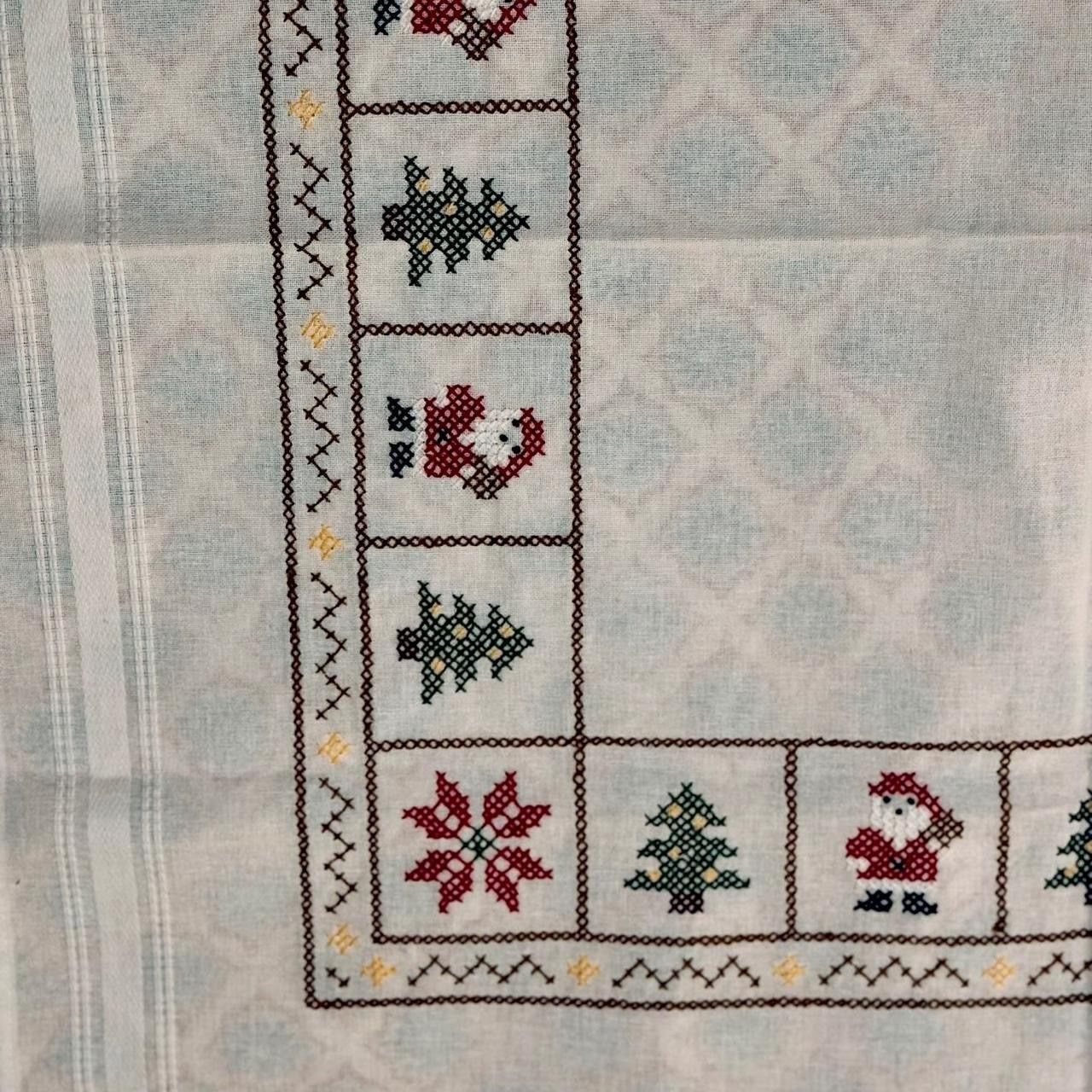 70’s Handmade German 30 x 30” White Cotton Cross-Stitched Christmas Tablecloth