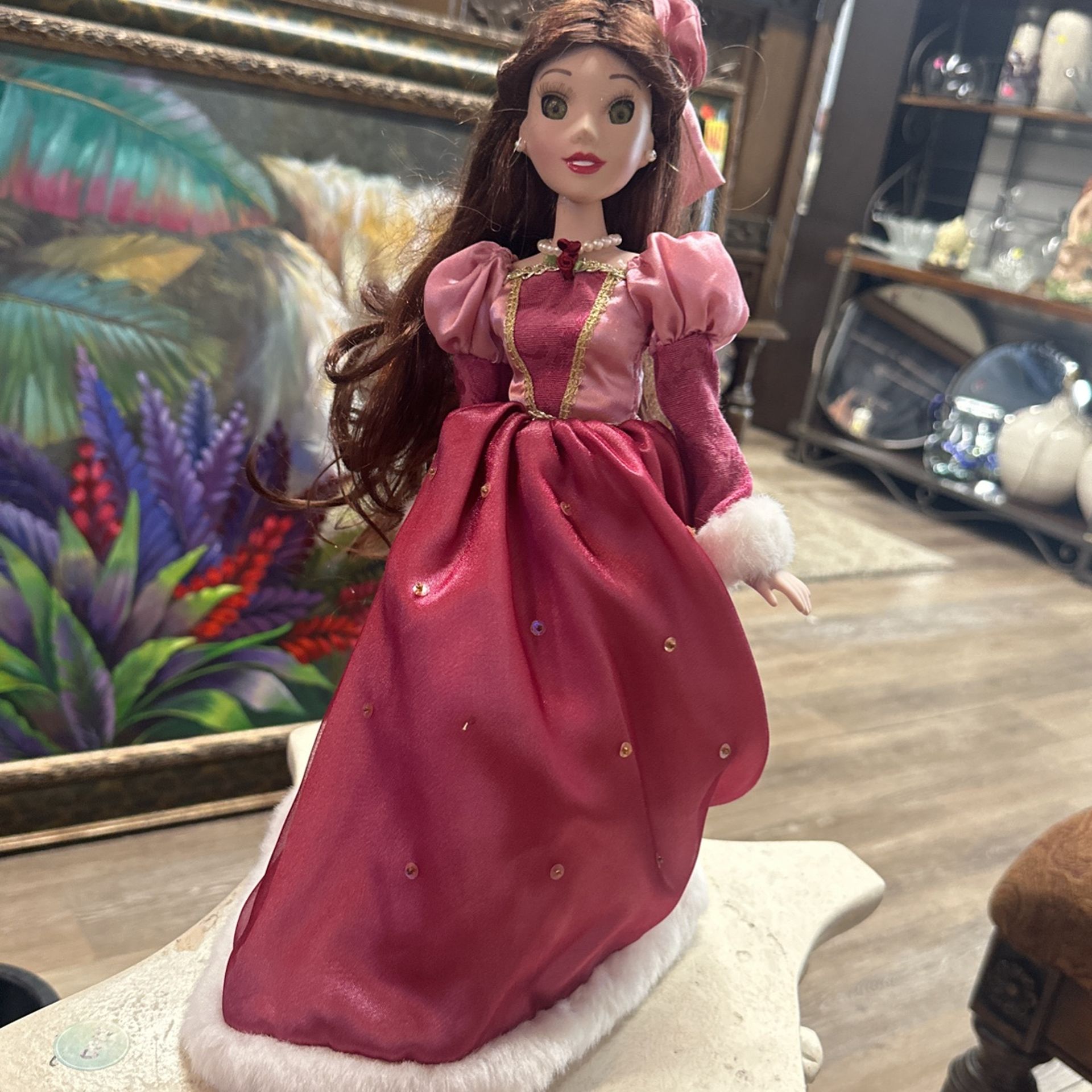 Disney Princess Belle Porcelain Doll W/Stand Brass Key