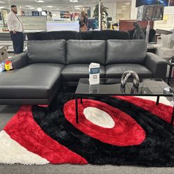 L-Shaped Black Real Leather Sectional Sofa ( Furniture Set Up) For Sale 50% Off 