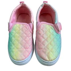 Girls Size 1 Slip On Shoe with Velcro Tab, Rainbow Shimmer Shoe, Glitter Pink