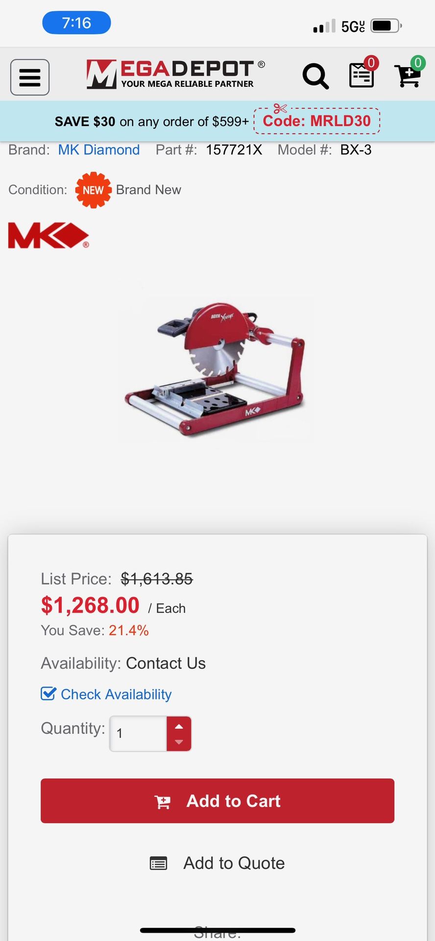 Mk Diamond BX-3 Brick Xtreme 14" Dry Masonry Saw 120V 1 3/4HP