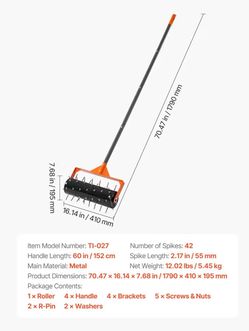 Rolling Lawn Aerator, 15 in Manual Push Aerator Roller with 42 Spikes & 60 in Long Handle