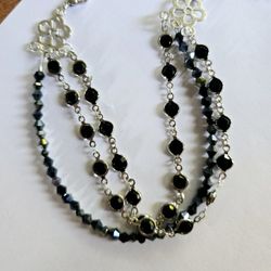 EBONY BLACK BEZEL SWAROVSKI BEADED  3 STRAND SILVER ACCENT 1 SIZE  BRACELET