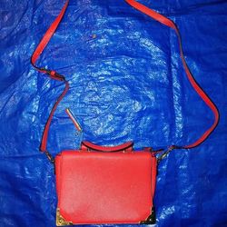 Red Saffiano Faux Leather Structured Crossbody Satchel - Gold Corners