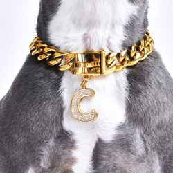 Golden 19mm Chain 10” Heavy Duty Dog Collar w/ Letter C Pendant for 7-9.5” Neck