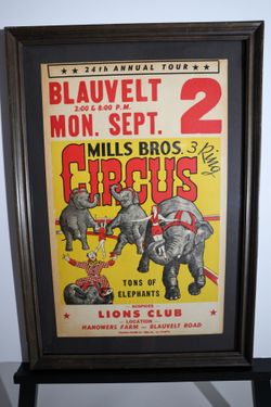 FRAMED Vintage 1963 Mills Bros Circus Poster Tons of Elephants Blauvelt NY 14x22
