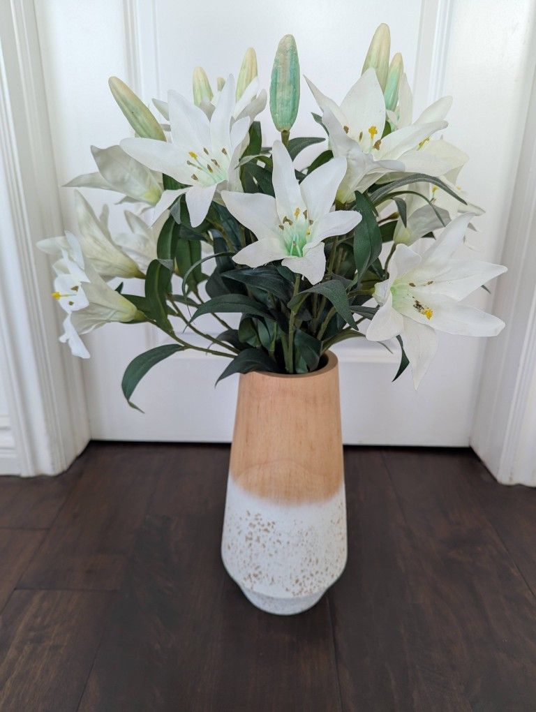 Faux Flower Arrangement – White Lilies in Natural Wood Vase