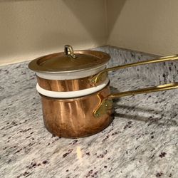 Vintage Copper Double Boiler With Lid & Porcelain Insert