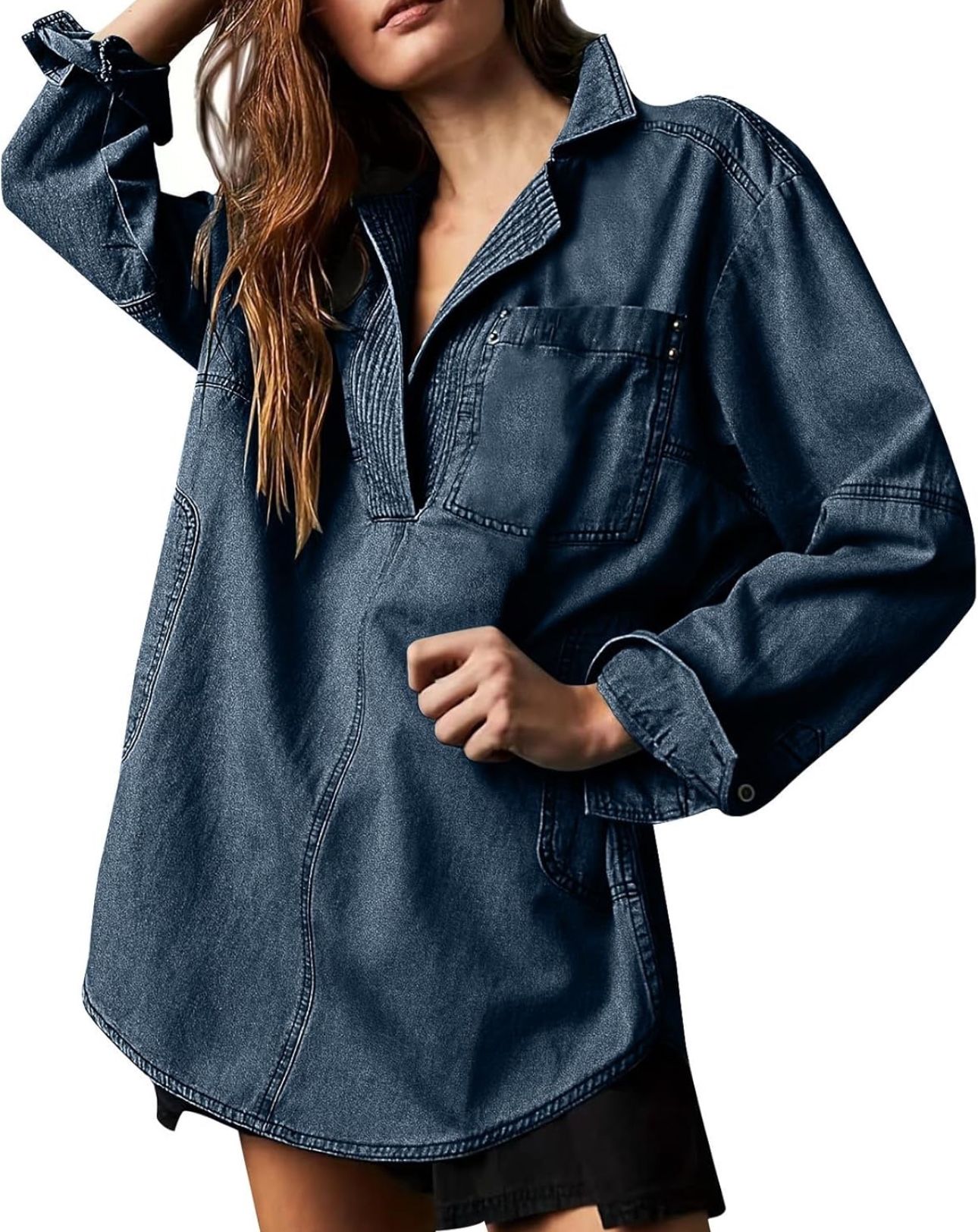 Women's Denim Pullover Casual Button V Neck Blouse Loose Fit Long Sleeve Shirts Jean Jacket w Pocket Fashion Clothes