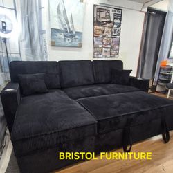 💙 Sofa Bed, Sectional with Storage Chaise, Black Corduroy Fabric, New in the Box.