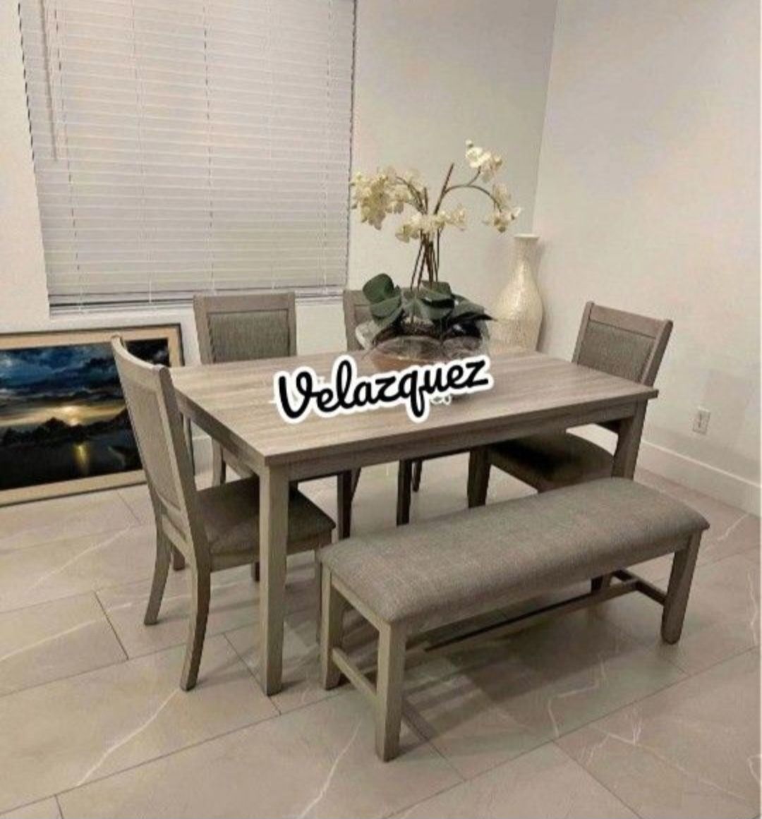 ✅️✅️ 6 pc light finish wood dining table set padded seat chairs and bench ✅️✅️