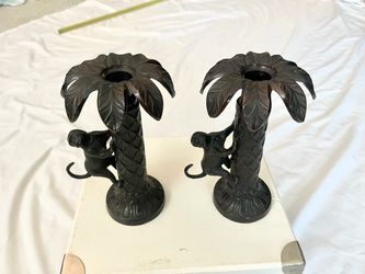 Vintage like new from (Bombay) “ monkeys in palm tree” cast bronze candle holders. Set of two