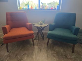 Pair of Mid-Century Modern Accent Chairs – Orange & Teal