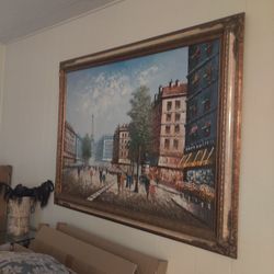 Large Paris Street Scene Oil Painting