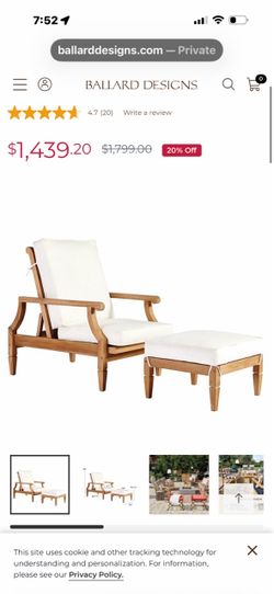 2 Ballard Designs Teak Chairs with ottomans and cushions