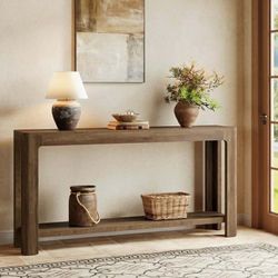 63 Inch Rustic 2-Tier Entryway Console Table, Narrow Sofa Table, Accent Furniture for Foyer and Hallway, Rustic Brown