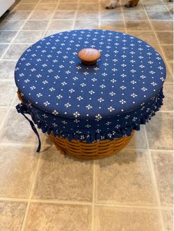 Vintage 1995 Longaberger Large Round Basket with Blue Lid, Plastic Liner, Signed