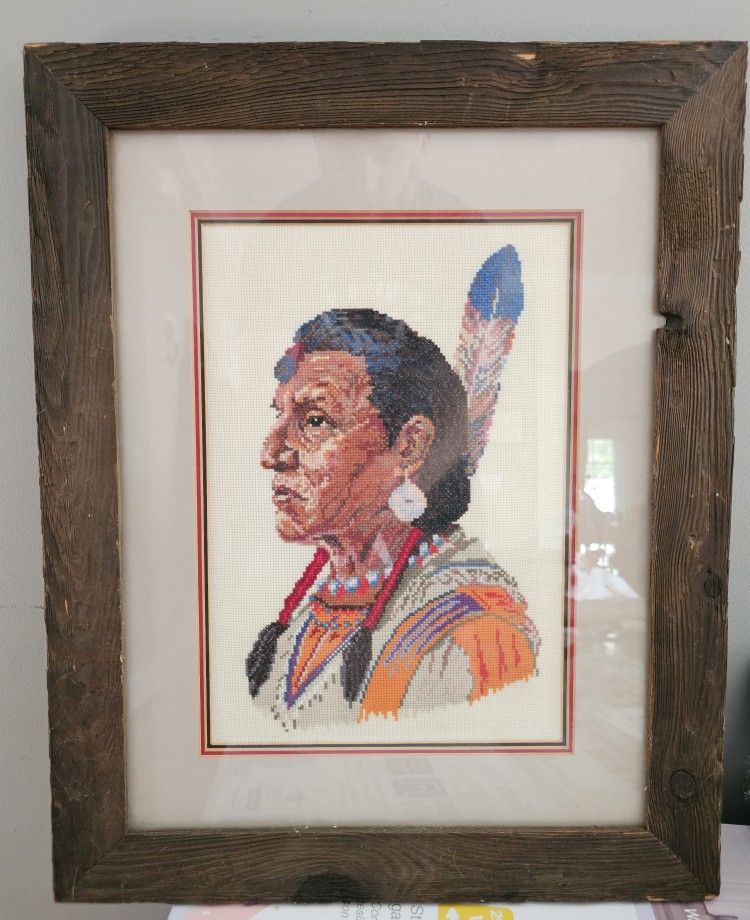 Vintage Needlepoint Native American Indian Chief Portrait Framed Artwork 21.75x17.5"