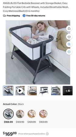 ANGELBLISS Flat Bedside Bassinet with Storage Basket, Easy Folding Portable Crib with Wheels, Included Breathable Mesh, Cozy Mattress(Black)(0-6 month