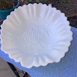 10” Milk Glass Ruffled Bowl  With Grapes