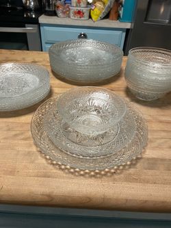 Clear pressed glass plates and bowls set for 8