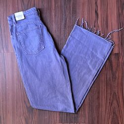 Zara Wide Leg Jeans Women’s  High Rise Cropped Frayed Hem Purple Denim