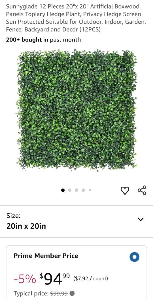 Sunnyglade 12 Pieces 20"x 20" Artificial Boxwood Panels Topiary Hedge Plant, Privacy Hedge Screen Sun Protected Suitable for Outdoor, Indoor, Garden, 