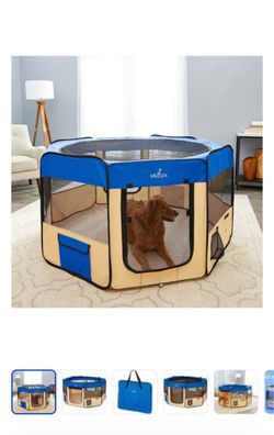 Zampa Pet Folding Soft-sided Dog & Cat Playpen, Blue, Large