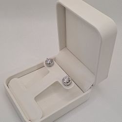 JCPenny's 3 CT White Sapphire Stud & 1/7 CT Diamond Halo Set In Italian Sterling Silver Men's Earrings (Retail $145)
