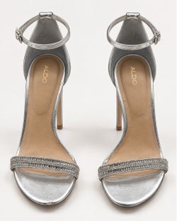 ALDO Silver Rhinestone Ankle-Strap Stiletto Heels – Open Toe Evening Sandals