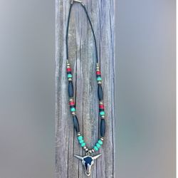 Black and Turquoise Beaded Necklace with Bull Pendant