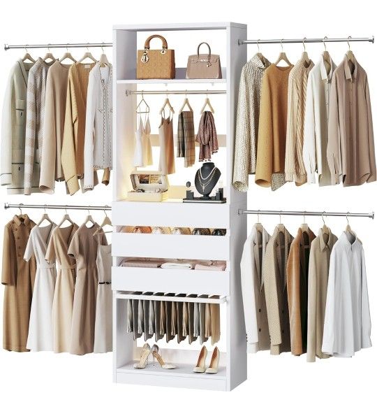 Closet System, 4-8FT Closet Organizer with 3 Wood Drawers & Glass Top, 102'' Walk in Closet with 5 Hang Rods & LED Lights & Trouser Rack, Built-in War