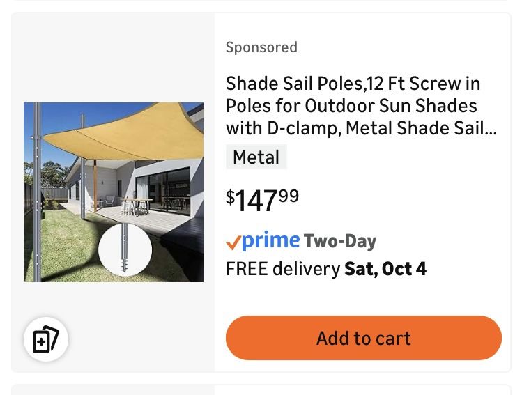 5 Brand New Triangle Sun Shades $30 Each And One Set Of 12 Foot Brand New Poles $125