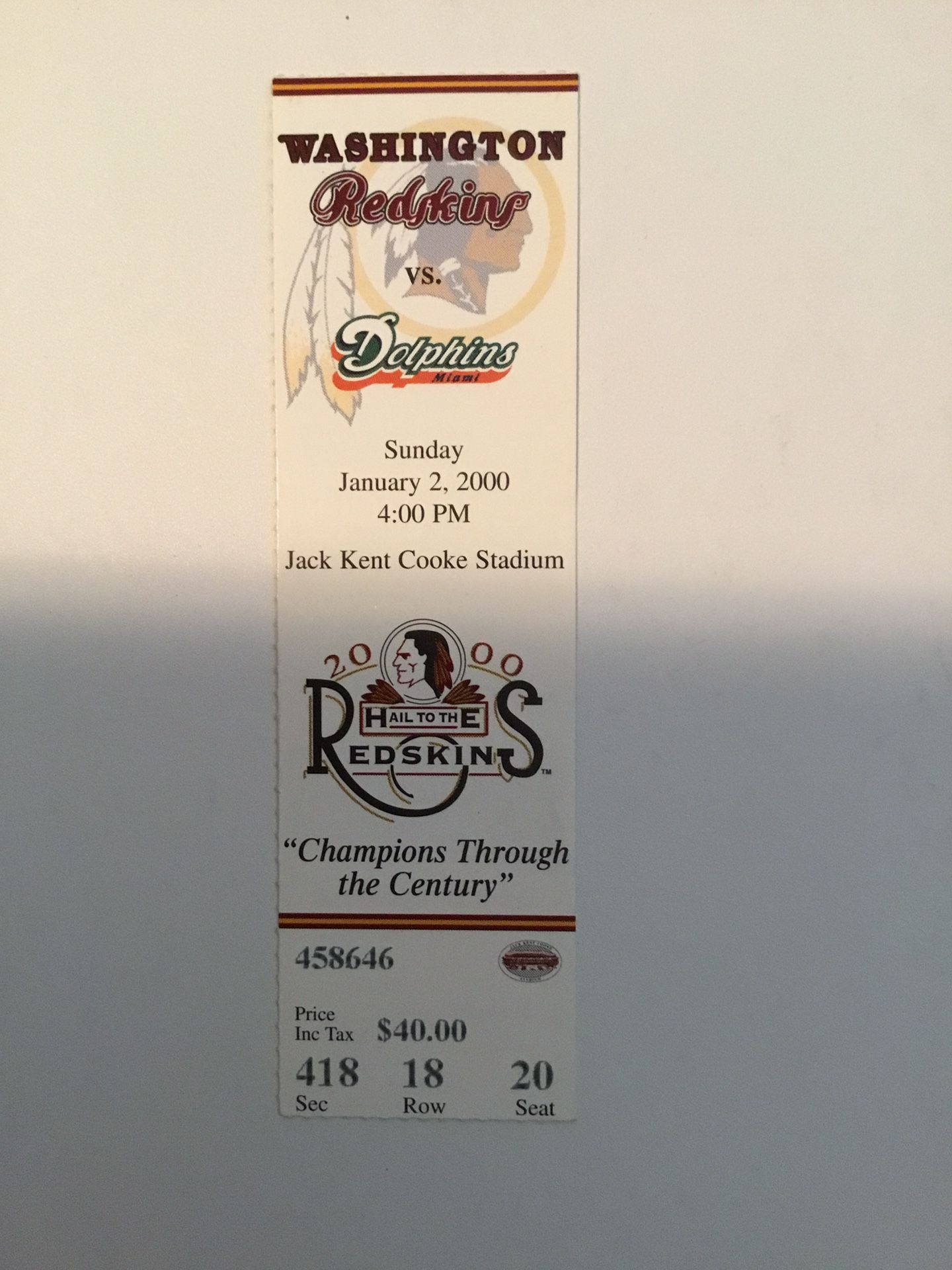 DAN MARINO’S FINAL REGULAR SEASON GAME TICKET VS REDSKINS