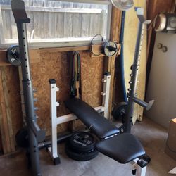 Squat Rack, Bench, Olympic Bar, Weights 