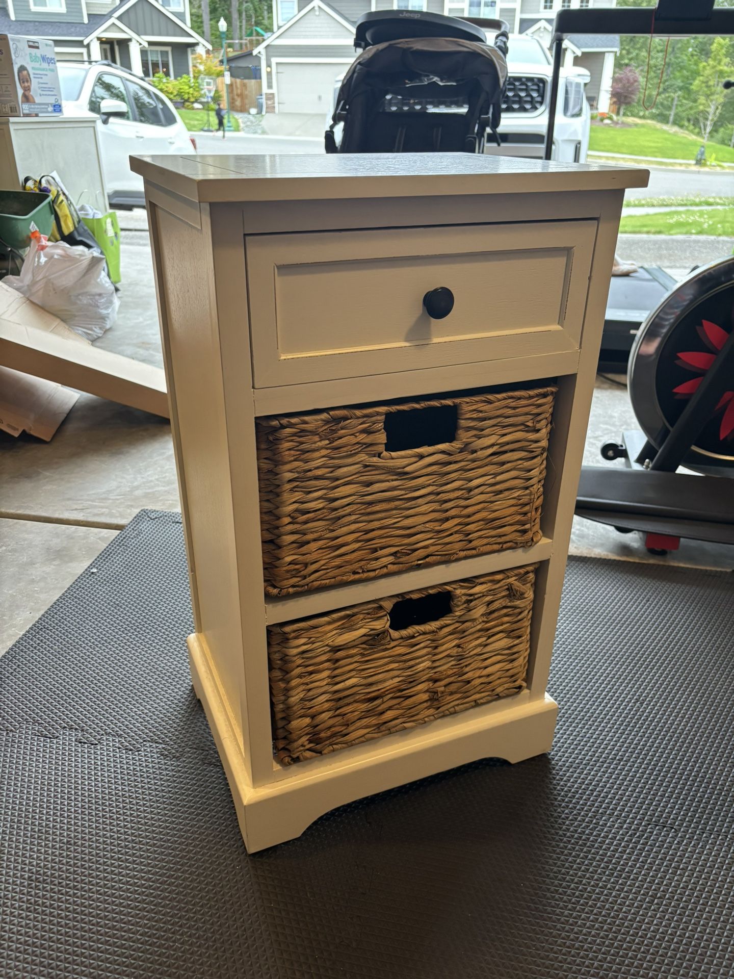 White Farmhouse Dresser & Bedside Table Set – Solid Wood + Wicker Baskets