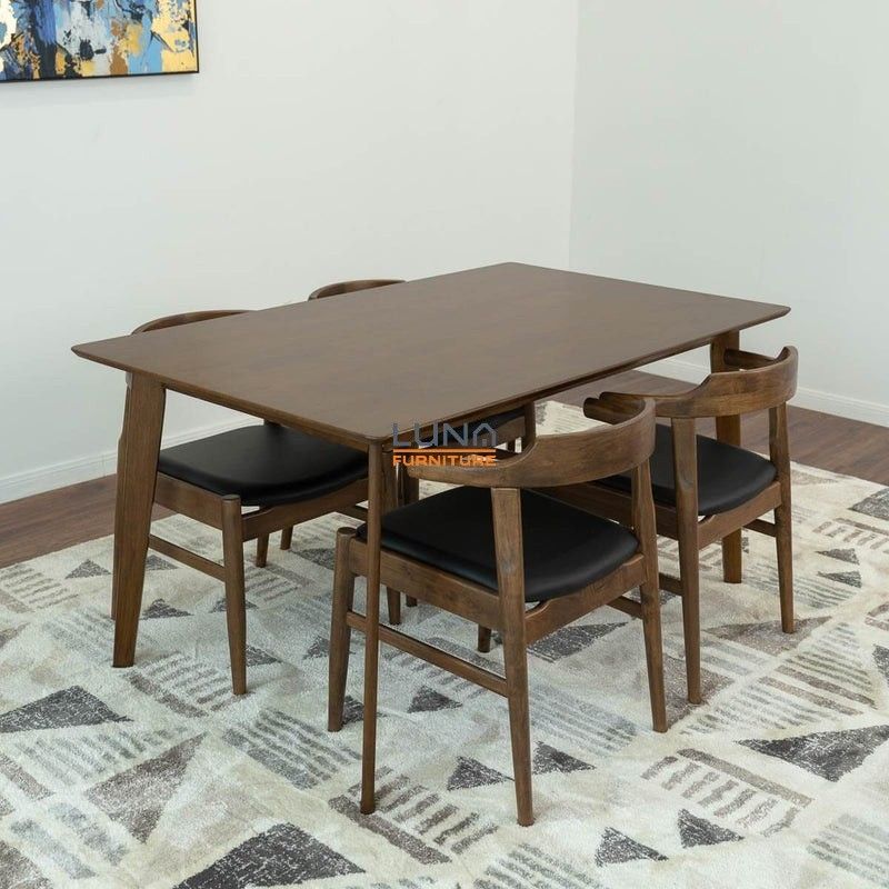 Abbott Walnut Large Dining Set & 4 Zola Black Leather Chairs