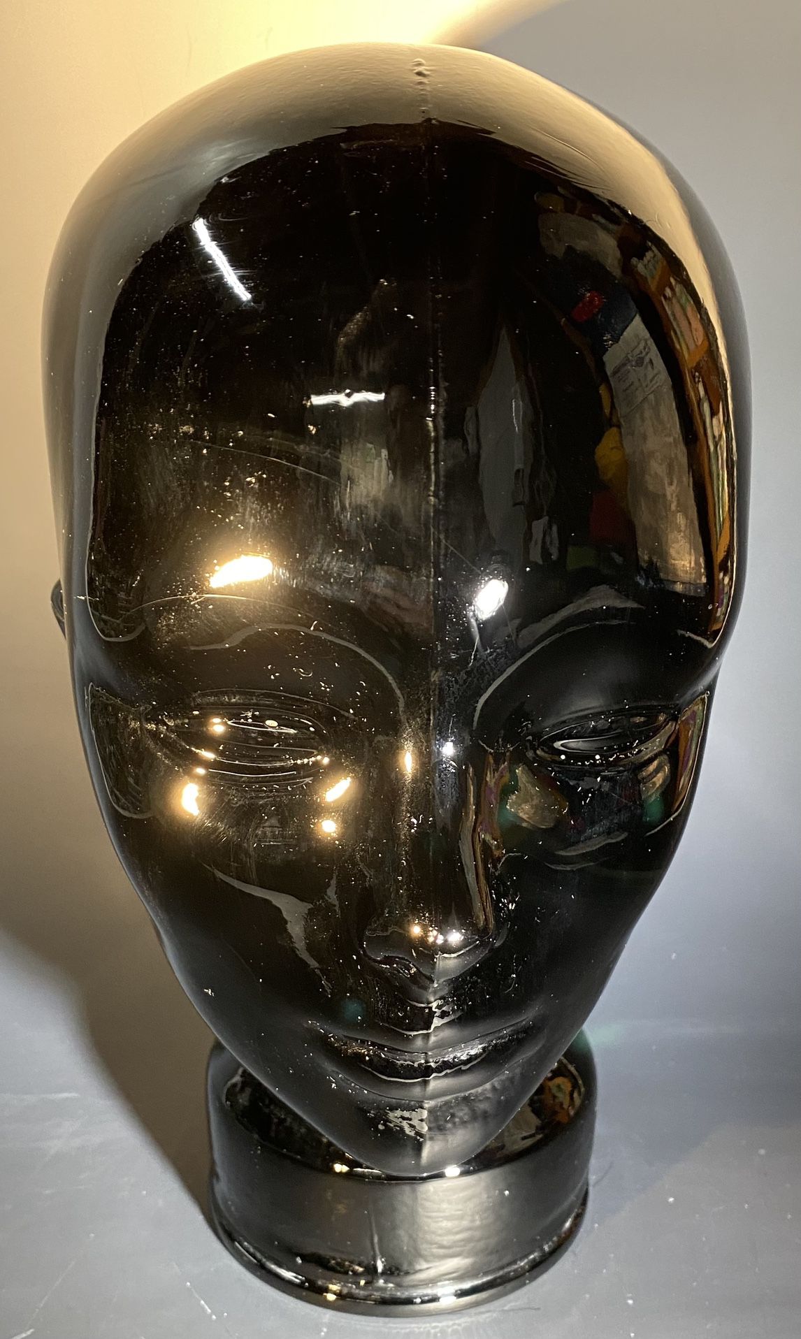 Vintage Black Glass Head Mannequin Made in Spain Sculpture Art