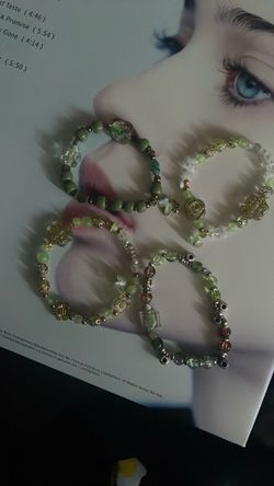 Green Hand Made Beaded Stretch Bracelets Set of 4