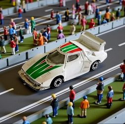 Welly Lancia Stratos Turbo White W/ Red & Green Racing Stripes Die-Cast 1:64 Car. Based on the image, the diecast toy car shows significant signs of a