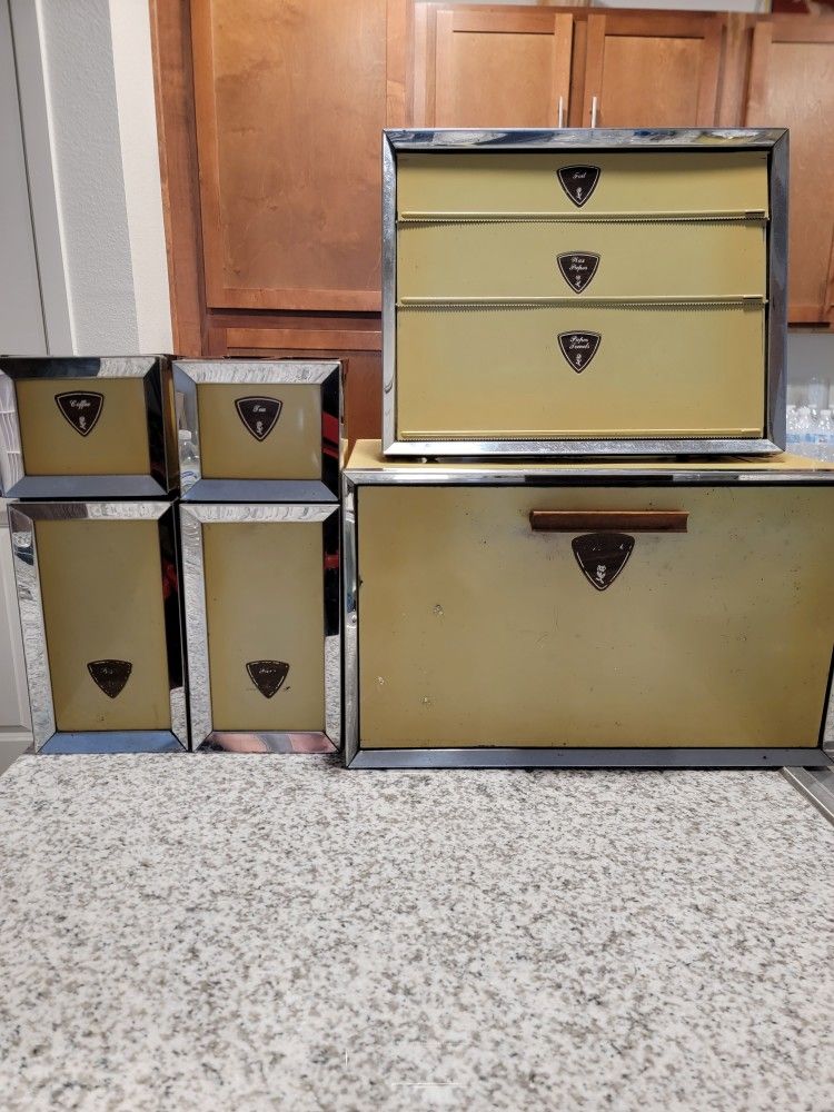 Vintage 1960s Lady Garner Metal Kitchen Canisters Bread Box Foil Paper Towels Dispenser Box Set 