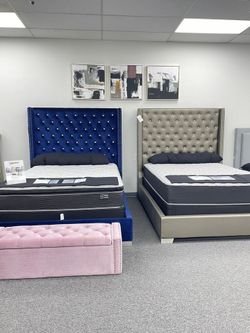 Upholstered and Crystal Tufted Queen Bed in various colors on Sale